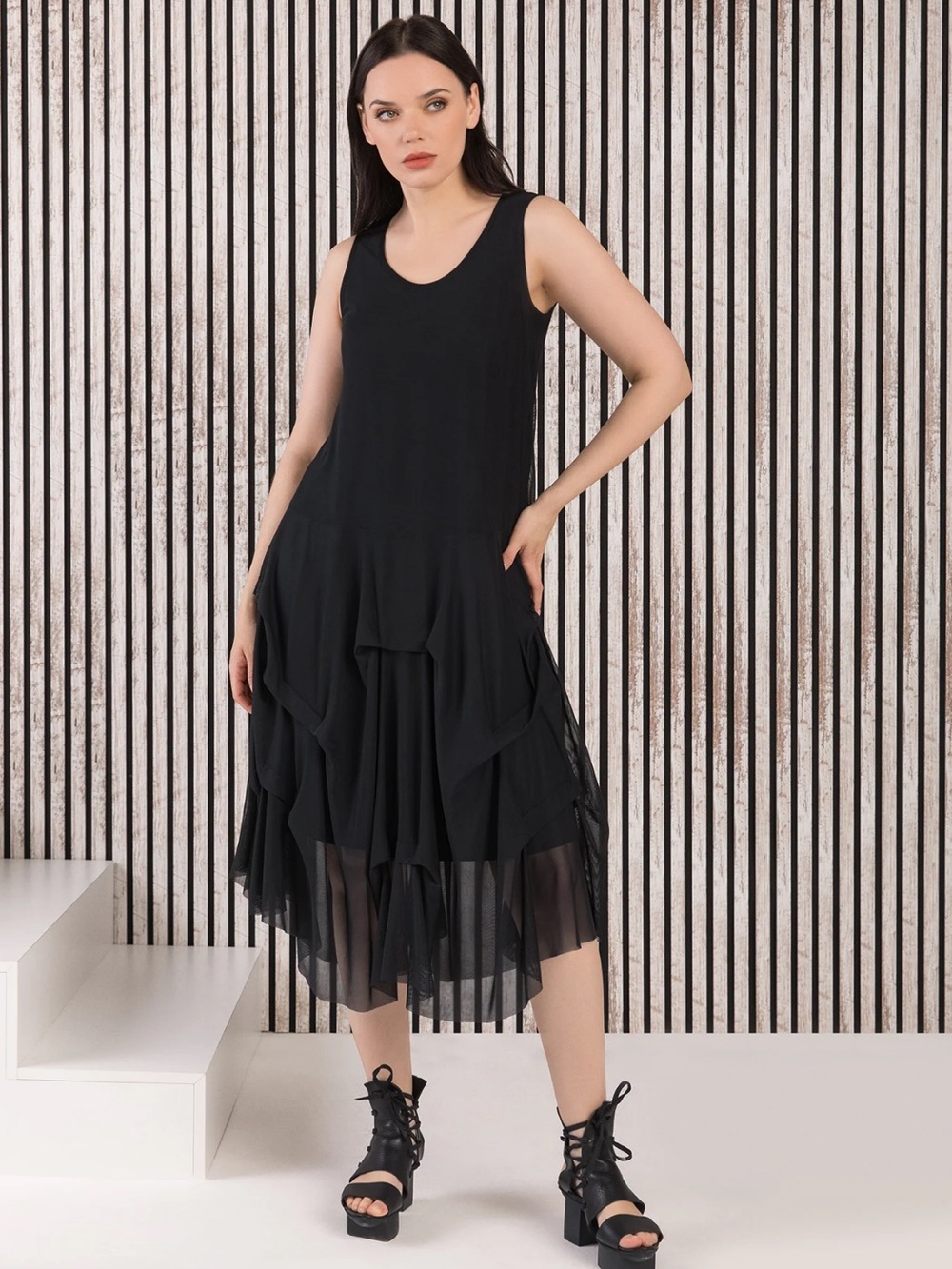 NWT Kozan Black Mesh Martha Dress Midi Length with Ruffle Hem Whimsical Style